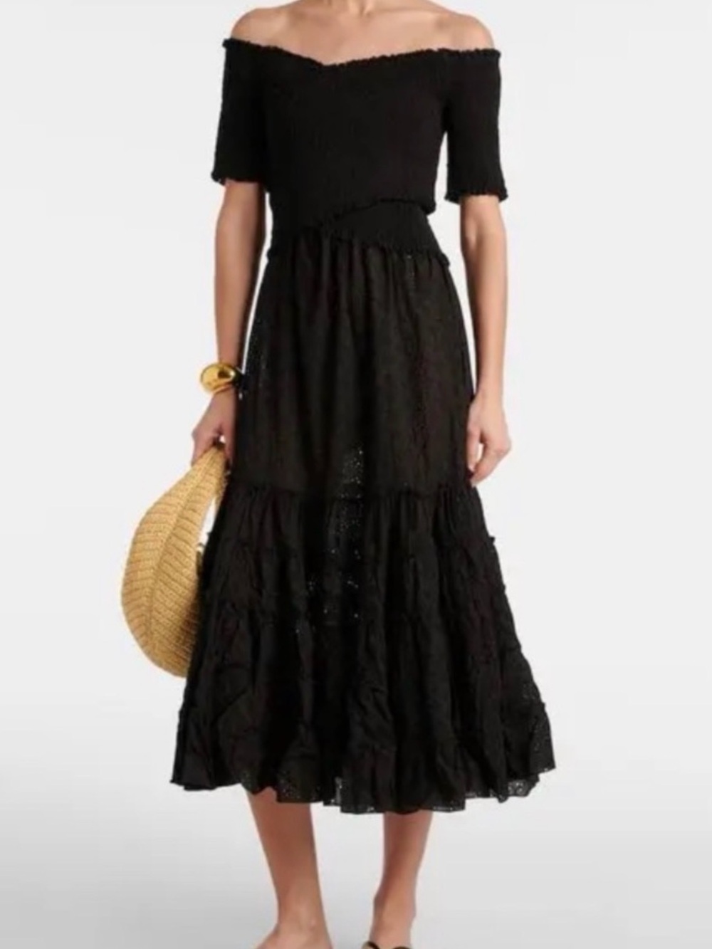 Poupette St. Barth Black Off-Shoulder Tiered Maxi Skirt